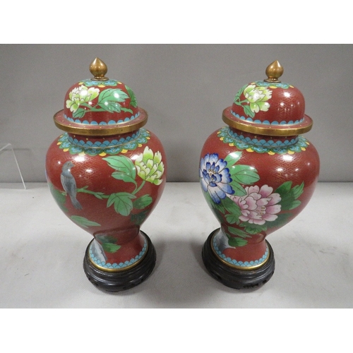 337 - A pair of modern Oriental Cloisonne vases with stands