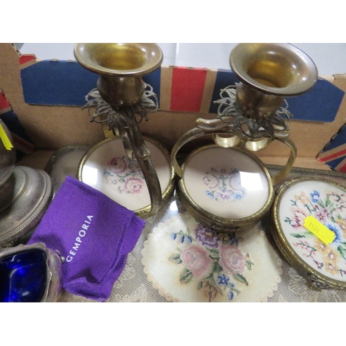 340 - A tray of assorted collectables to include Petite Point candlesticks, wristwatch etc