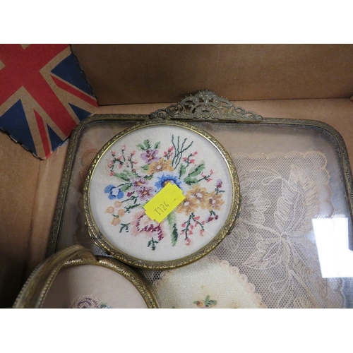 340 - A tray of assorted collectables to include Petite Point candlesticks, wristwatch etc