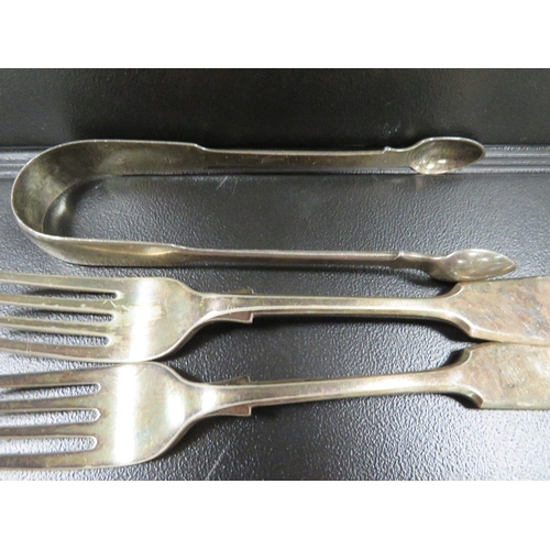 364 - A pair of Georgian hallmarked silver sugar tongs together with silver plated flatware