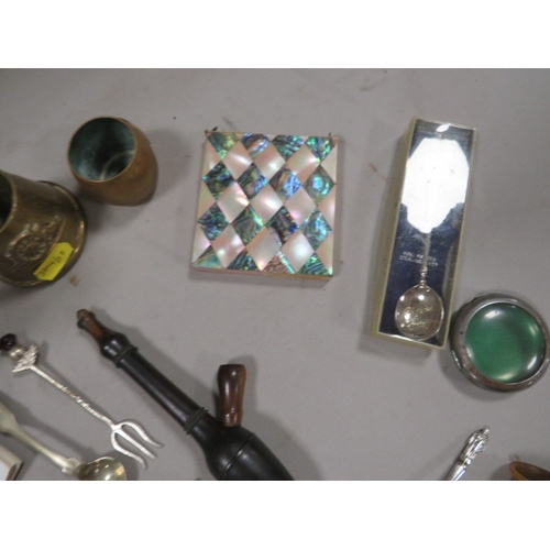 413 - A small box of collectables to include, trench art and silver rimmed vase