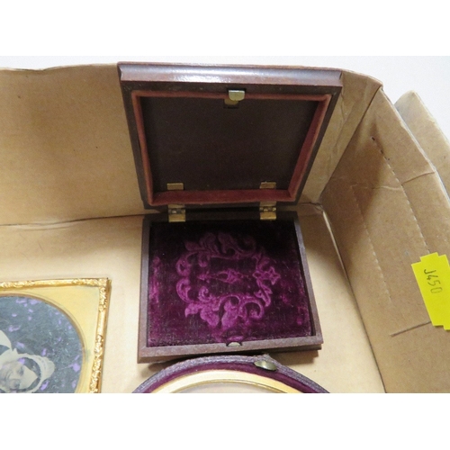 420 - A selection of vintage daguerreotypes, frames etc, to include an unusual ambrotype holder in the for... 