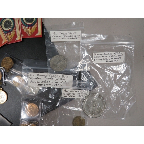 436 - A bag of coins, medal and tokens