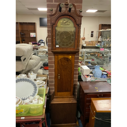 746 - A oak cased 20th century brass faced long case clock with single weight and pendulum H 213 cm