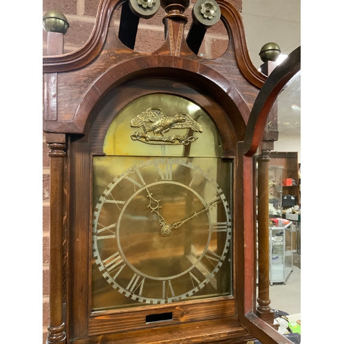 746 - A oak cased 20th century brass faced long case clock with single weight and pendulum H 213 cm