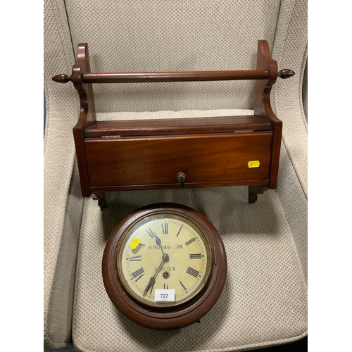 727 - A Waltham mahogany cased small wall clock together with a mahogany wall cupboard. (2)