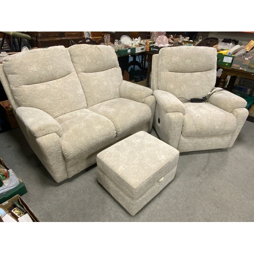 758 - A modern upholstered four piece electric suite with three and two seater settees, armchair and stool... 