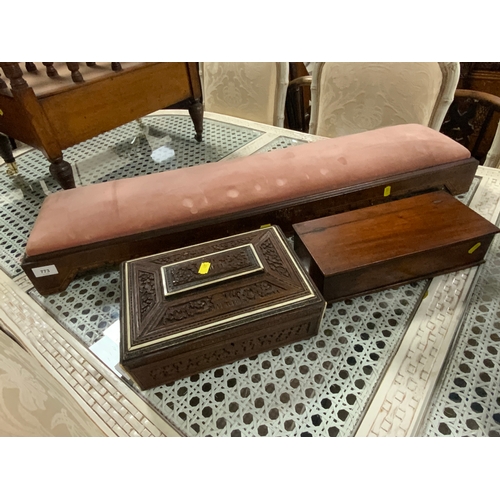 773 - An antique walnut inlaid long stool together with a carved eastern style box and a mahogany box. (3)