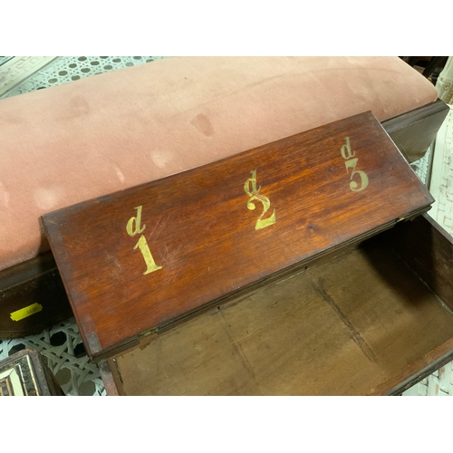 773 - An antique walnut inlaid long stool together with a carved eastern style box and a mahogany box. (3)