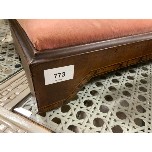 773 - An antique walnut inlaid long stool together with a carved eastern style box and a mahogany box. (3)