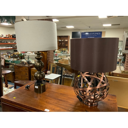 798 - Two modern copper effect table lamps and shades