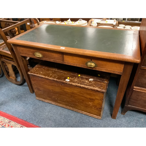 801 - A vintage oak and leather topped two drawer desk W 121 cm