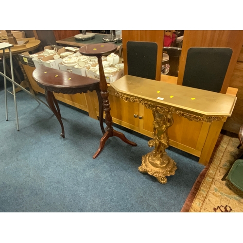 815 - A gilt console table together with a half moon table and a plant stand. (3)