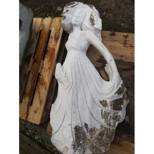 563 - A large white marble type statue of a dancing lady (damaged arm) H  130 cm, W 70 cm