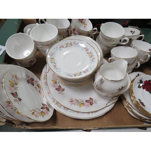 107 - Two trays of ceramic tea and dinnerware to incldue Paragon