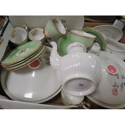 107 - Two trays of ceramic tea and dinnerware to incldue Paragon