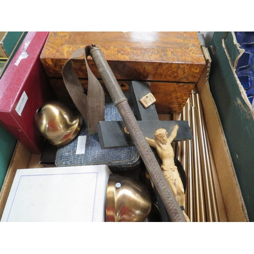 114 - A tray of assorted sundries to include walnut style workbox, riding crop etc.