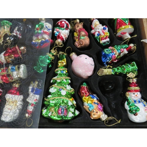 126 - Two trays of vintage Christmas decorations to include wooden case of glass examples