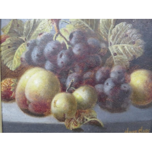 13 - Oliver Clare - a pair of still life studies of fruit on a mossy bank, oils on canvas, possibly over ... 