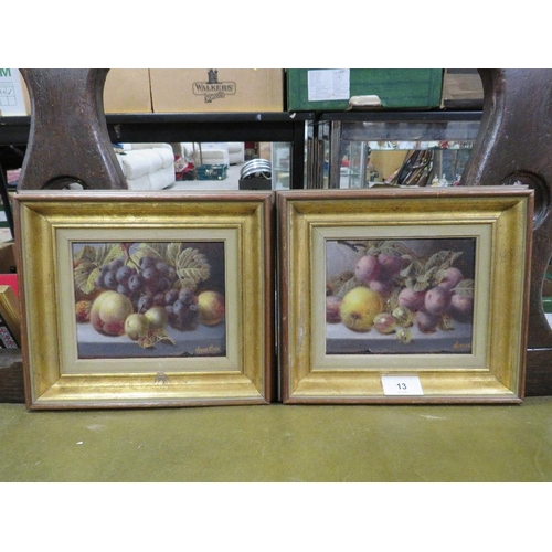 13 - Oliver Clare - a pair of still life studies of fruit on a mossy bank, oils on canvas, possibly over ... 