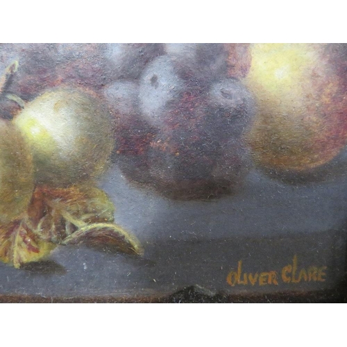 13 - Oliver Clare - a pair of still life studies of fruit on a mossy bank, oils on canvas, possibly over ... 