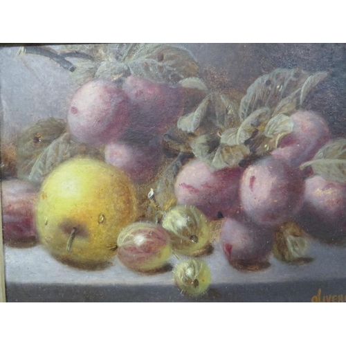 13 - Oliver Clare - a pair of still life studies of fruit on a mossy bank, oils on canvas, possibly over ... 