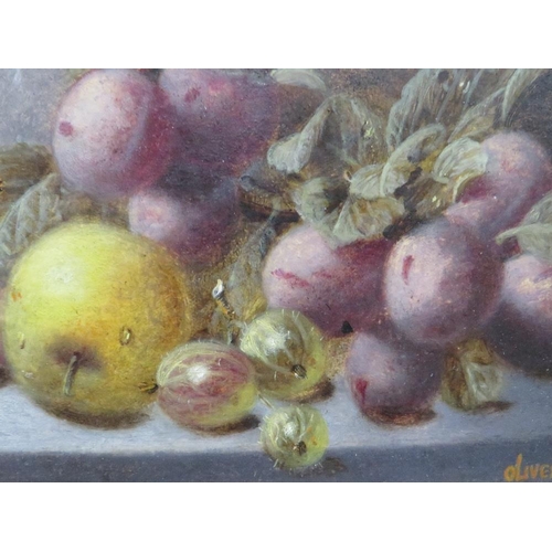 13 - Oliver Clare - a pair of still life studies of fruit on a mossy bank, oils on canvas, possibly over ... 