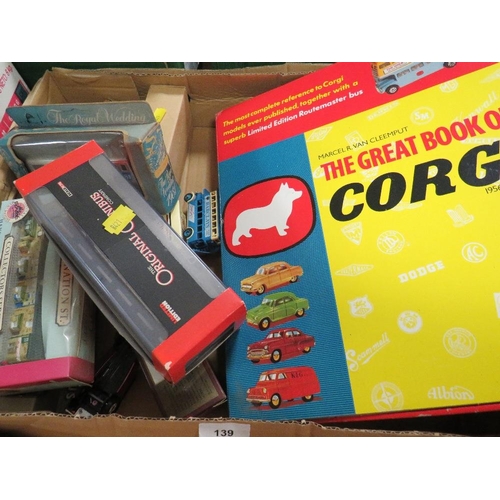 139 - Two trays of boxed Corgi vehicles etc. together with 'The Great Book of Corgi'