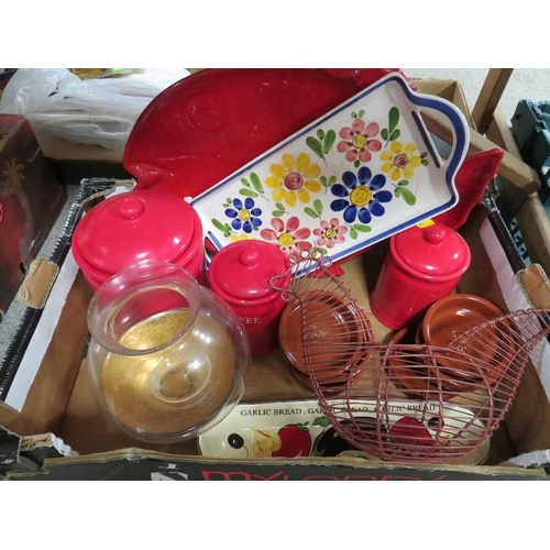 140 - Four trays of kitchen ceramics and kitchenalia