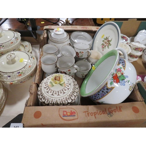 143 - Three trays of assorted ceramics to include, Royal Crown Derby, Denby etc