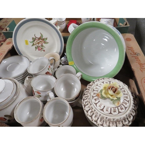 143 - Three trays of assorted ceramics to include, Royal Crown Derby, Denby etc