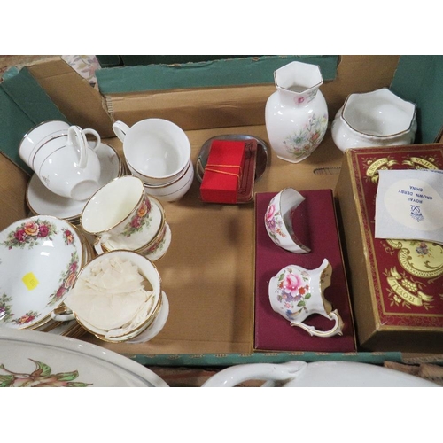 143 - Three trays of assorted ceramics to include, Royal Crown Derby, Denby etc