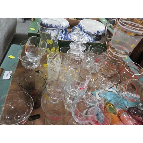 145 - Three trays of assorted ceramics and glass