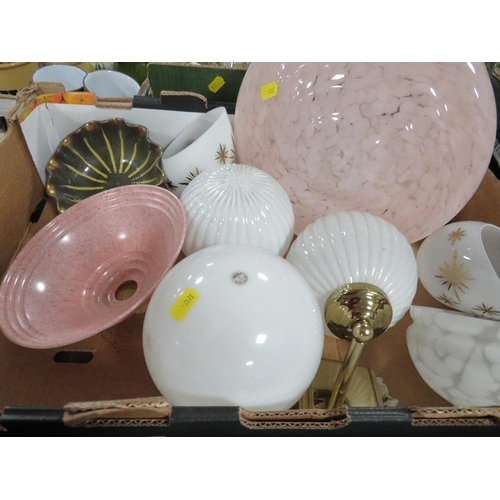 146 - A tray of assorted vintage glass light shades etc.