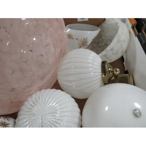 146 - A tray of assorted vintage glass light shades etc.