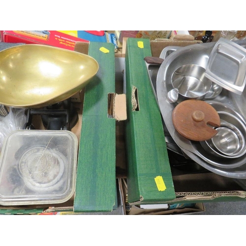 152 - Two trays of kitchenalia etc to include kitchen scales, boxed cutlery etc.