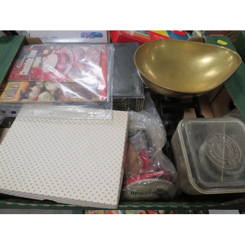 152 - Two trays of kitchenalia etc to include kitchen scales, boxed cutlery etc.