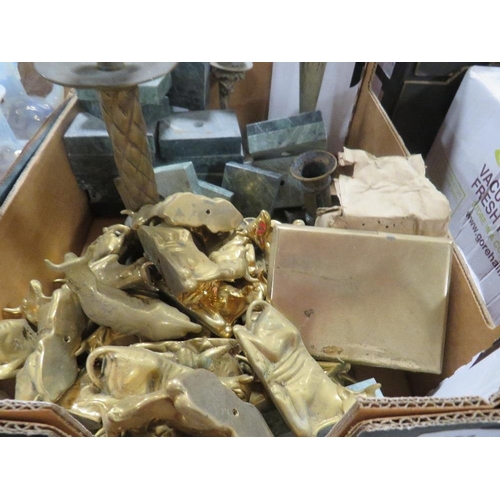 153 - A tray of assorted cast metal seated cattle and marble style plinths etc