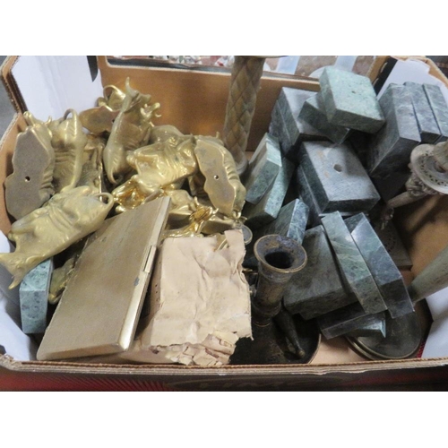 153 - A tray of assorted cast metal seated cattle and marble style plinths etc