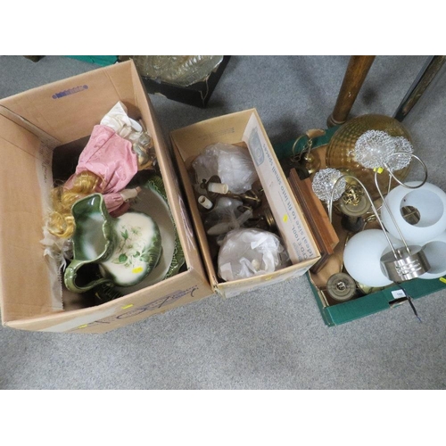 160 - Three trays of assorted sundries to include a jug and bowl and vintage light fittings