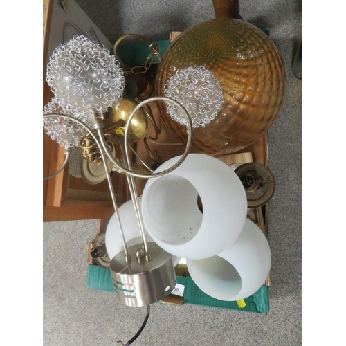 160 - Three trays of assorted sundries to include a jug and bowl and vintage light fittings