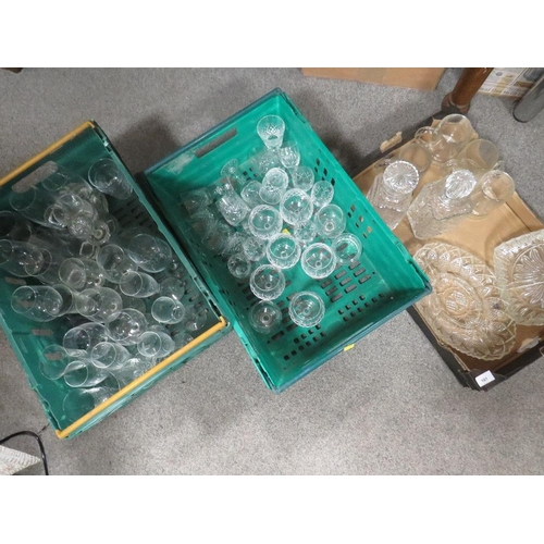 161 - Three trays of assorted glassware to include decanters