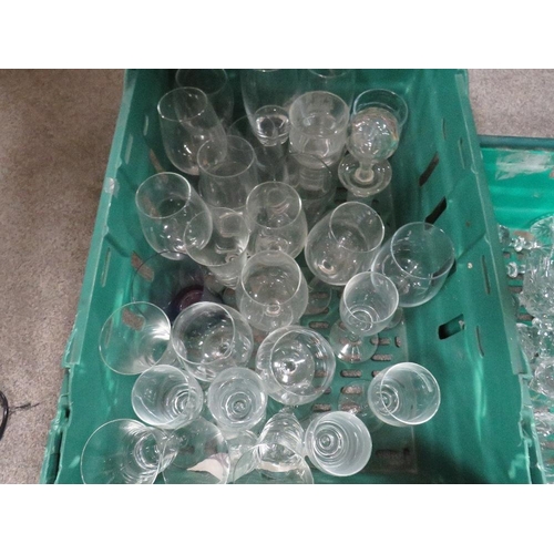 161 - Three trays of assorted glassware to include decanters