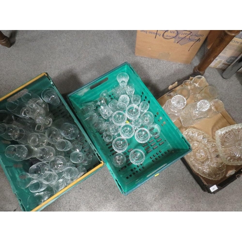 161 - Three trays of assorted glassware to include decanters