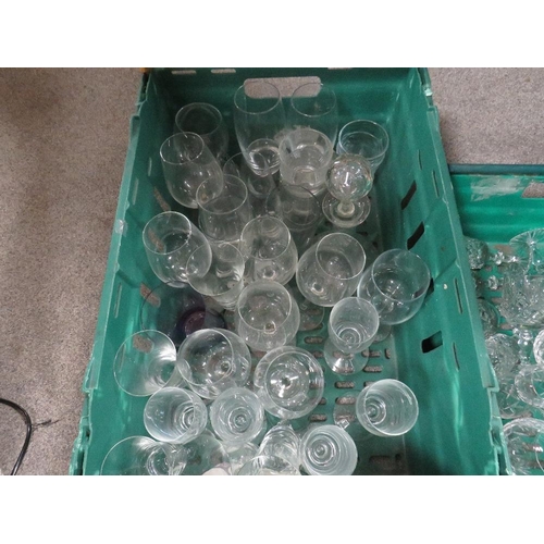 161 - Three trays of assorted glassware to include decanters