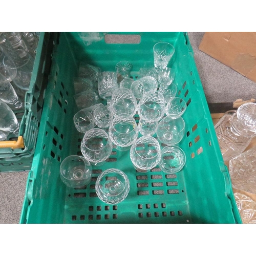 161 - Three trays of assorted glassware to include decanters