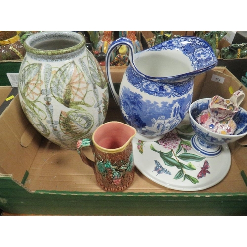 170 - A large Denby vase together with a blue and white jug etc