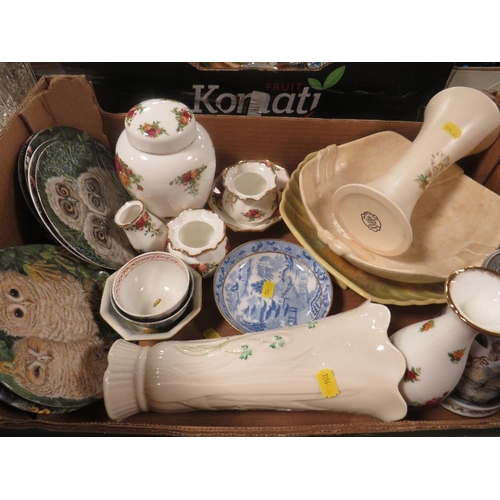 175 - Three trays of assorted ceramics to include Royal Albert Old Country Roses, Belleek, Poole vase, etc... 