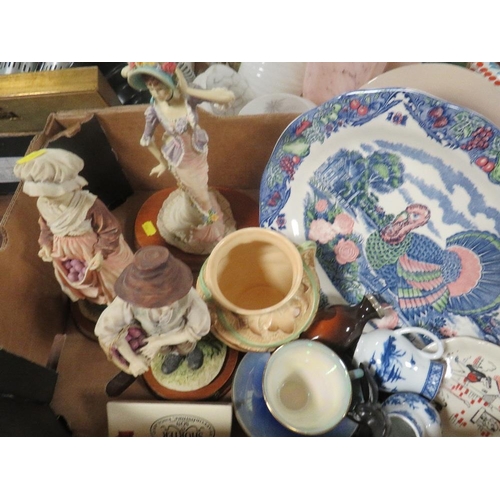 175 - Three trays of assorted ceramics to include Royal Albert Old Country Roses, Belleek, Poole vase, etc... 