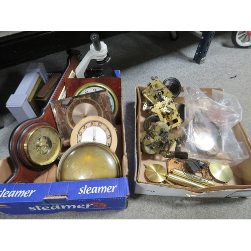 183 - Two trays of clocks, barometers and related spares etc plus scientific items